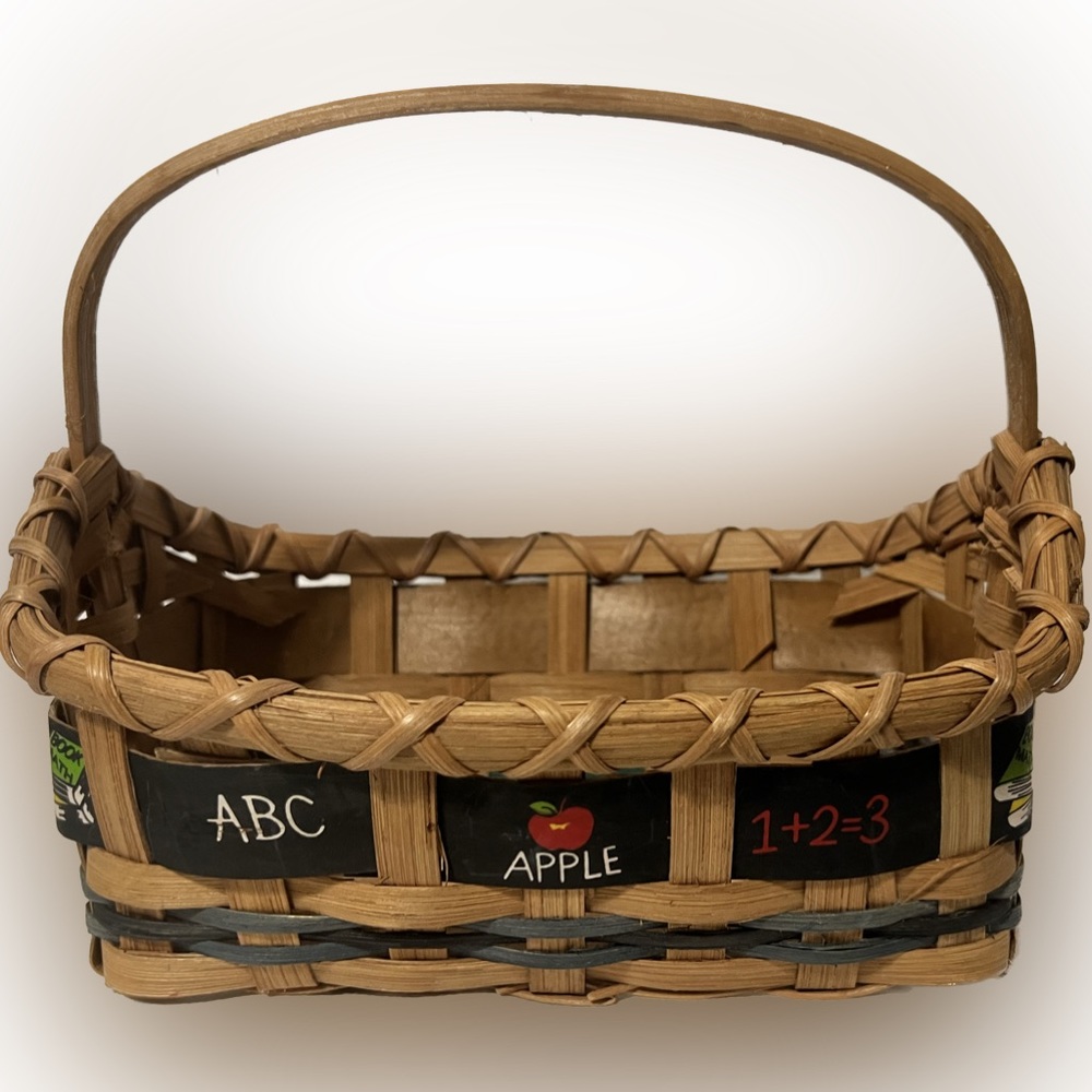 💥Wicker Basket School Teacher Student Alphabet Numbers Pencil Ruler Apple